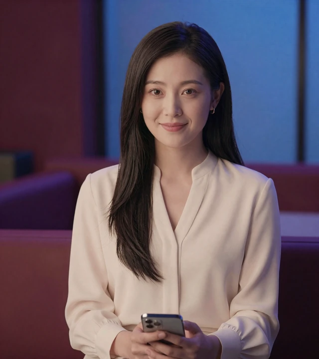 Aiko smiling in a modern lounge as a featured Nikadate asian online dating profile preview